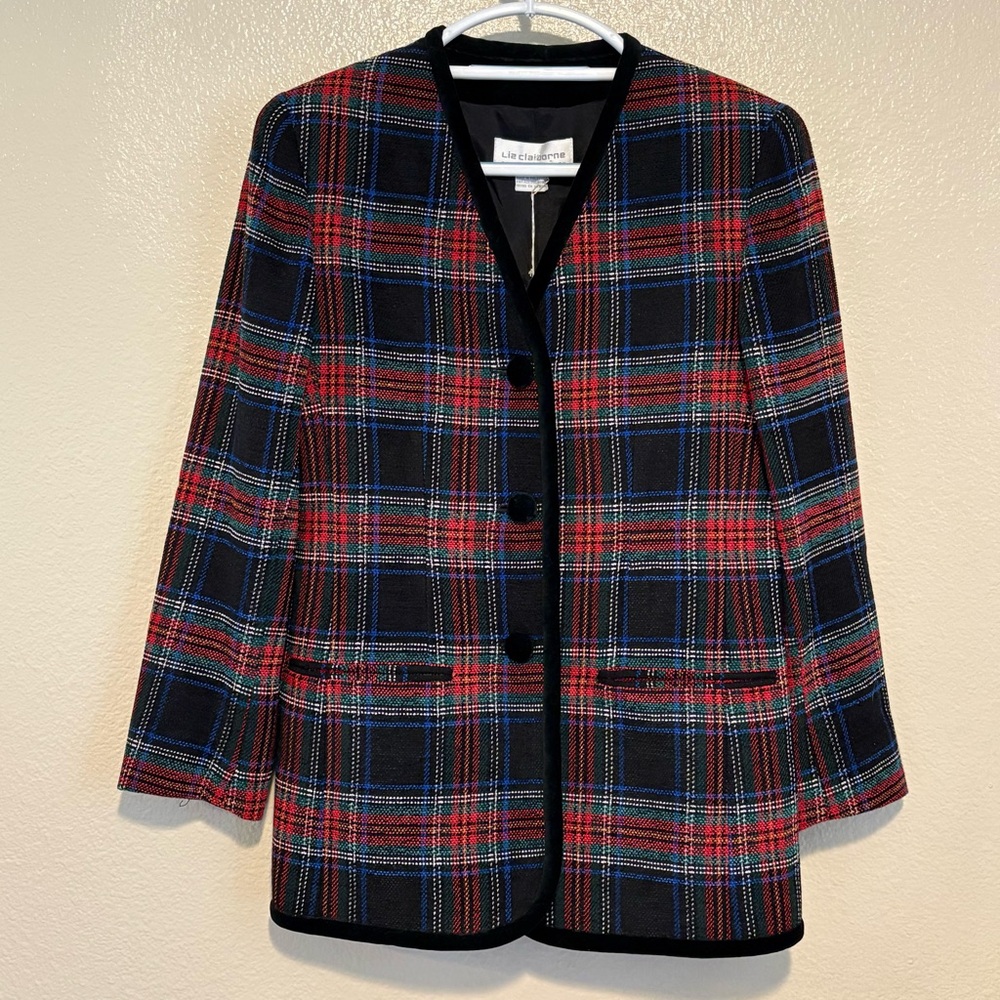 NWT Vtg 90’s Liz Claiborne Blazer Jacket Plaid Red Blue Black Wool Blend Size 4P